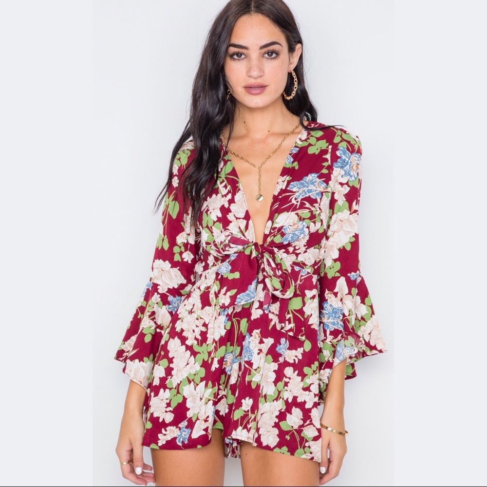 Wine Floral Plunging Tie-Front Bell Sleeve Romper